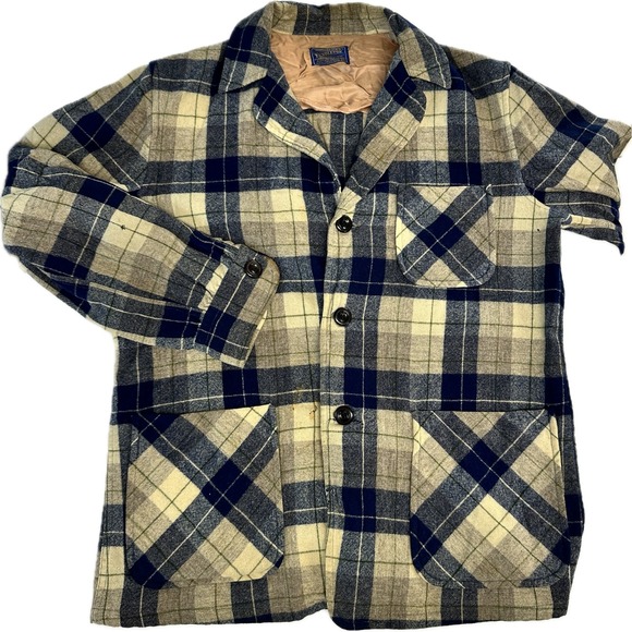 Vintage 70s Pendleton Wool Shirt Jacket Plaid Tan Blue Button Front Mens medium - Picture 1 of 10